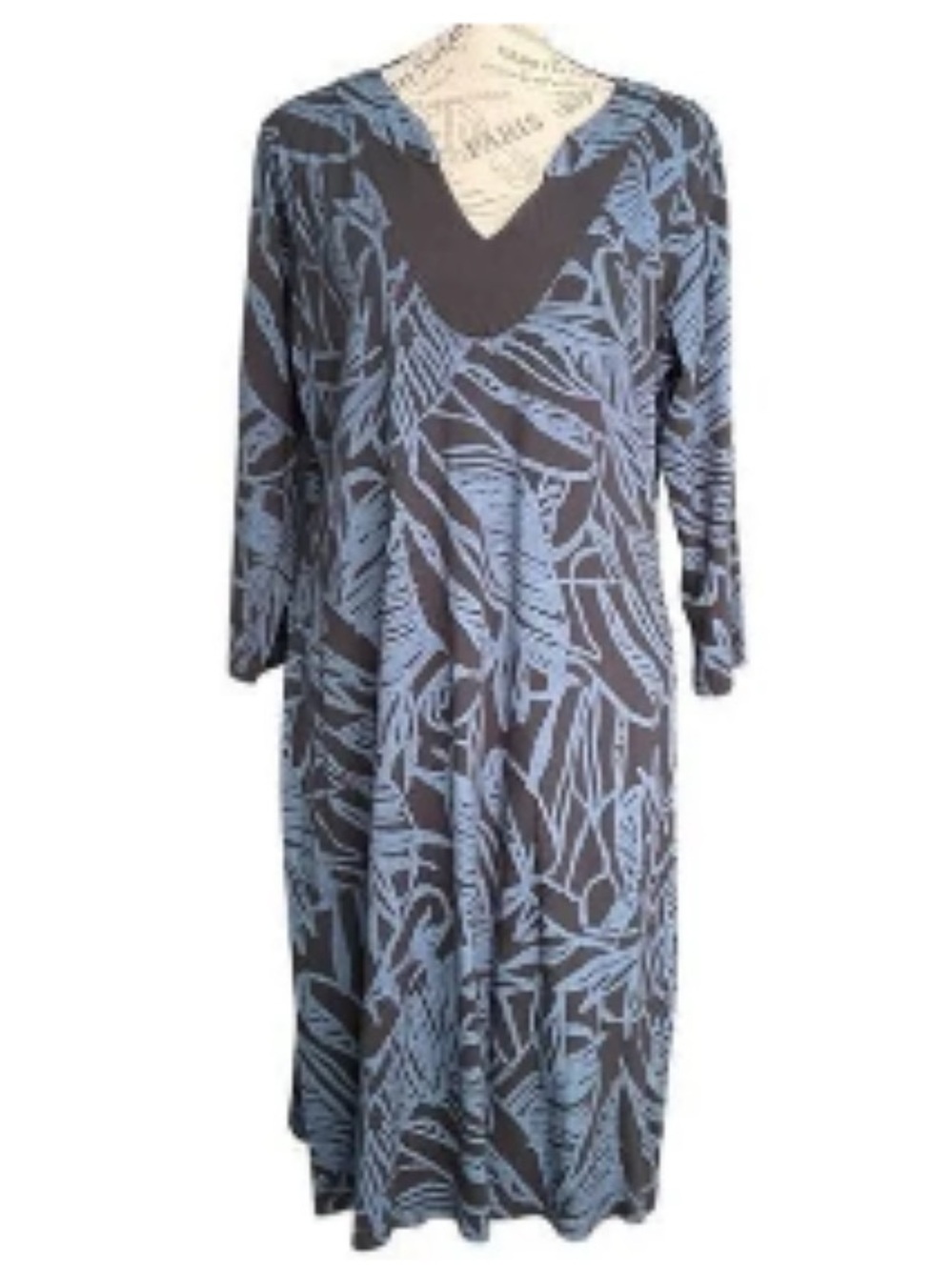 fresh produce dark blue Dress with Blue Leaf Print, 3/4Sleeve